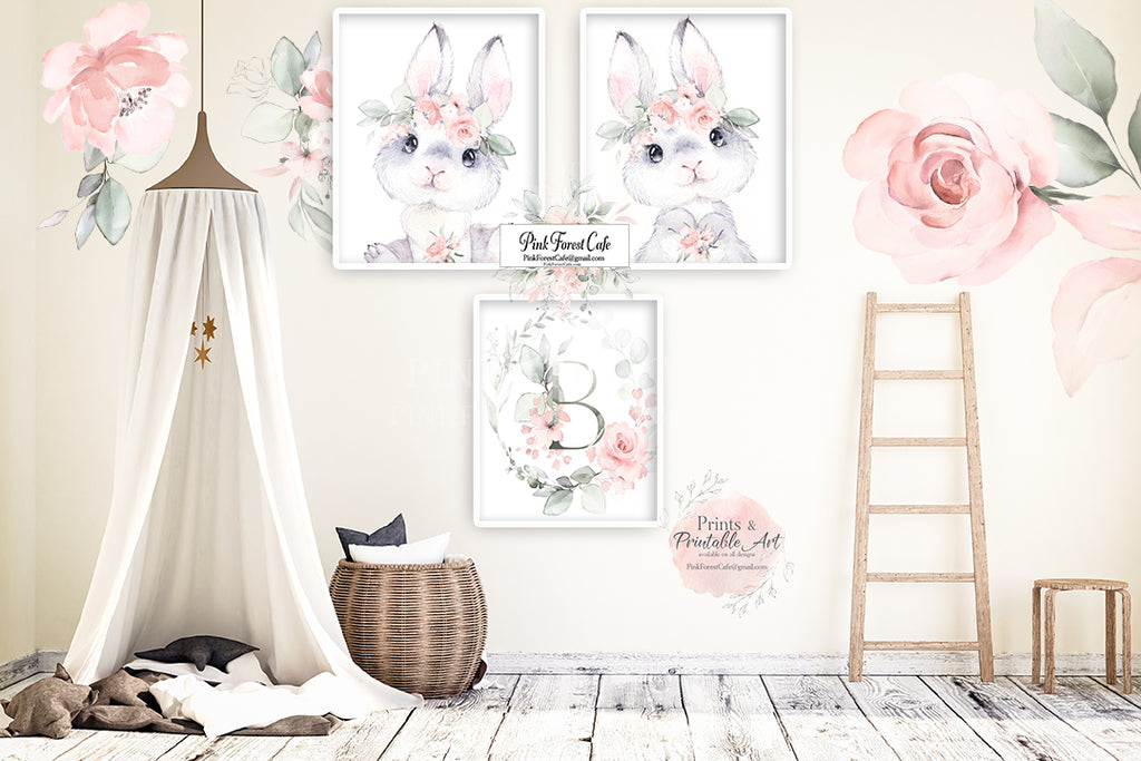 3 Boho Blush Bunny Rabbit Initial Wall Art Print Woodland Cream Nursery Baby Girl Room Floral Bohemian Watercolor Rose Peony Printable Decor