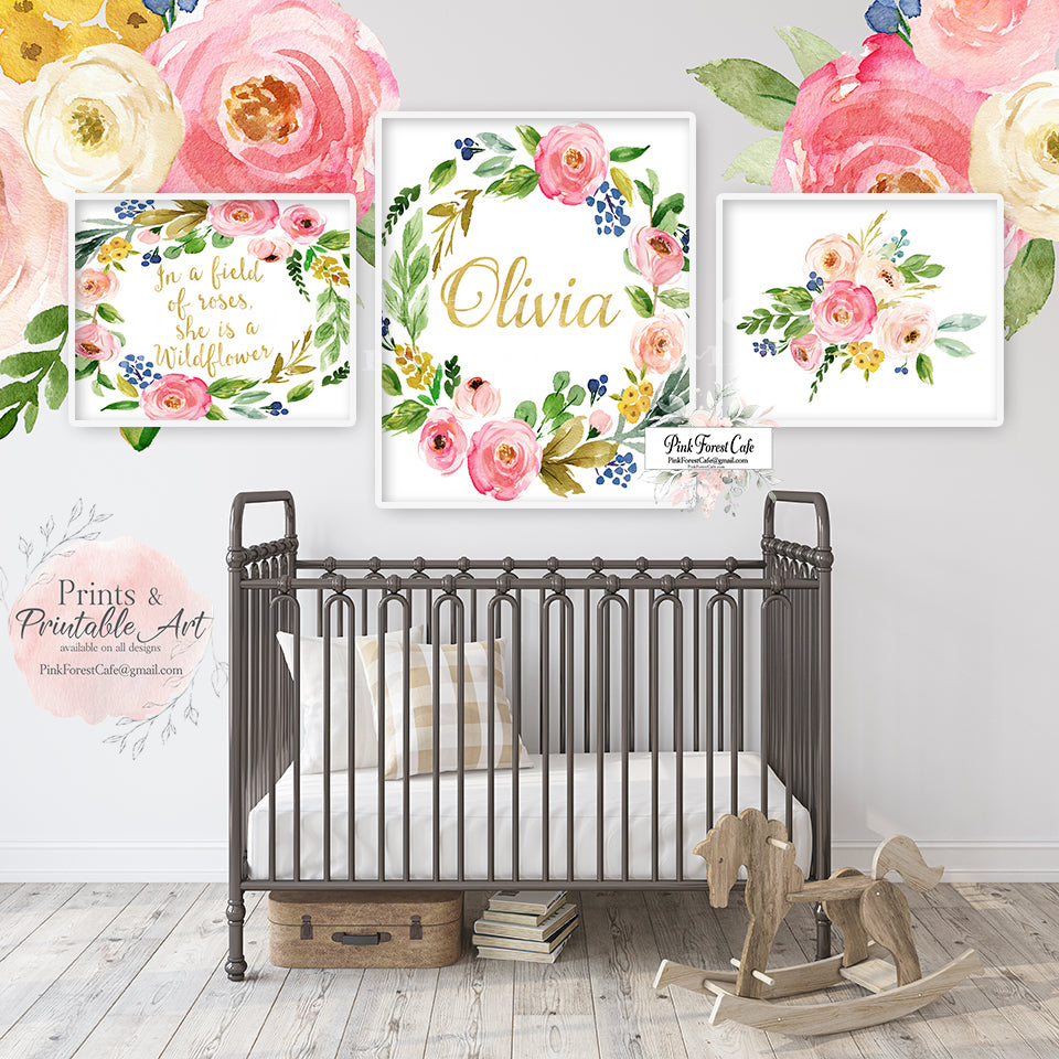 3 Boho In A Field Of Roses Personalized Wall Art Print Wildflower Blush Pink Watercolor Floral Baby Girl Nursery Printable Decor