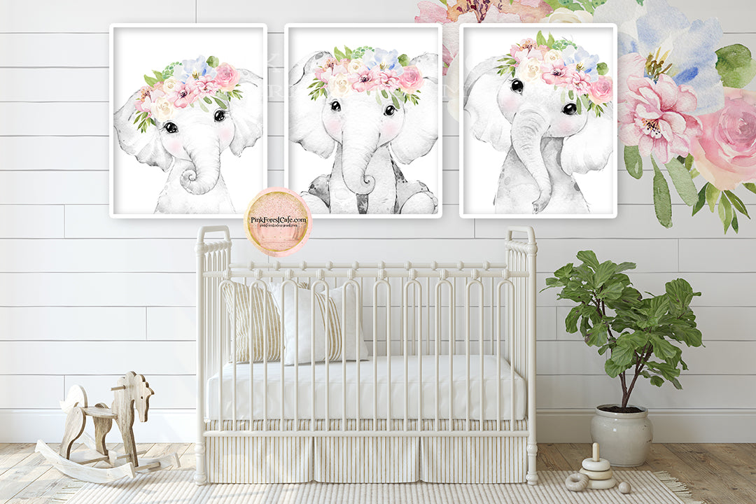 3 Boho Blush Peony Elephant Wall Art Print Baby Girl Nursery Room Floral Bohemian Watercolor Printable Decor