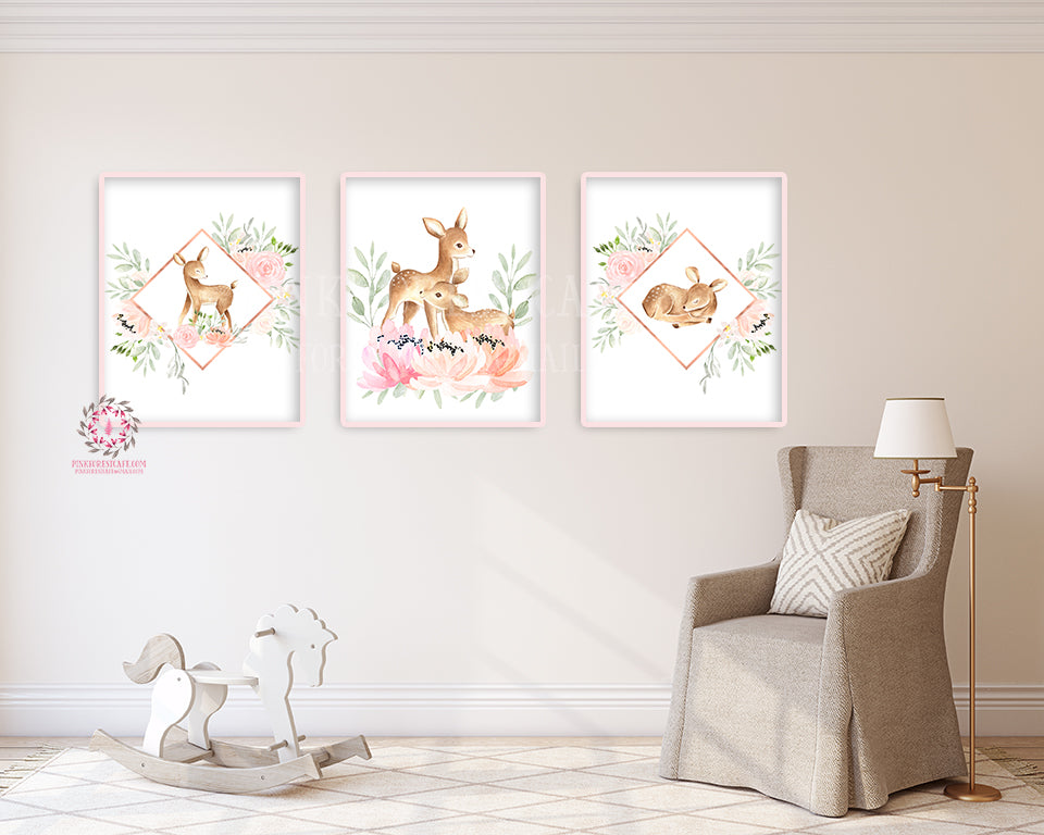 3 Boho Deer Wall Art Print Blush Fawn Woodland Nursery Baby Girl Room ...