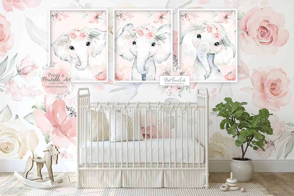 3 Boho Pink Blush Peony Elephant Wall Art Print Baby Girl Nursery Room ...