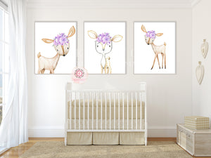 3 Purple Deer Woodland Boho Wall Art Print Bohemian Floral Nursery Baby Girl Room Set Lot Prints Printable Decor
