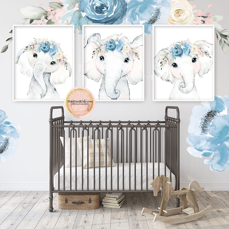 3 Boho Blue Blush Peony Elephant Wall Art Print Baby Girl Nursery Room Floral Bohemian Watercolor Printable Decor