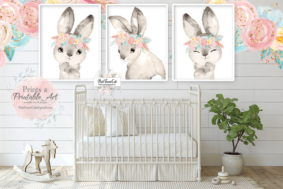 3 Boho Bunny Rabbit Wall Art Print Woodland Gold Pink Feather Nursery ...