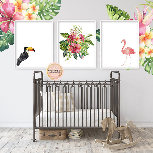 3 Pink Flamingo Toucan Wall Art Print Tropical Baby Girl Nursery Ethereal Floral Whimsical Printable Decor