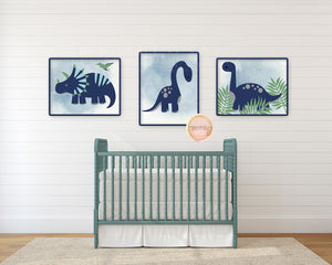 3 Dinosaur Wall Art Print Boy Nursery Room Set Prints Printable Navy Green Decor