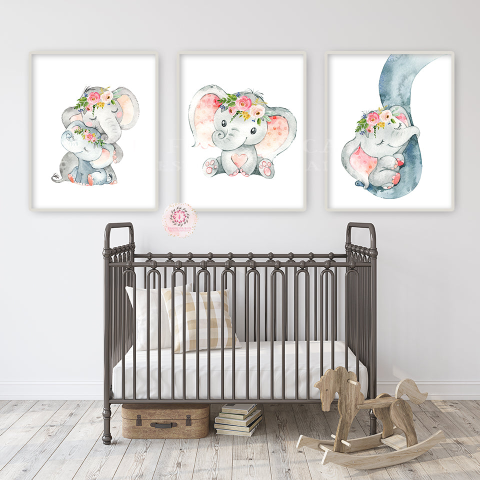 3 Boho Elephant Wall Art Print Baby Girl Nursery Whimsical Zoo Safari Animal Watercolor Printable Decor