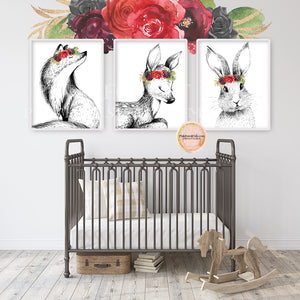 3 Bunny Rabbit Deer Fox Wall Art Print Red Black Gold Boho Woodland Floral Nursery Baby Girl Room Printable Decor