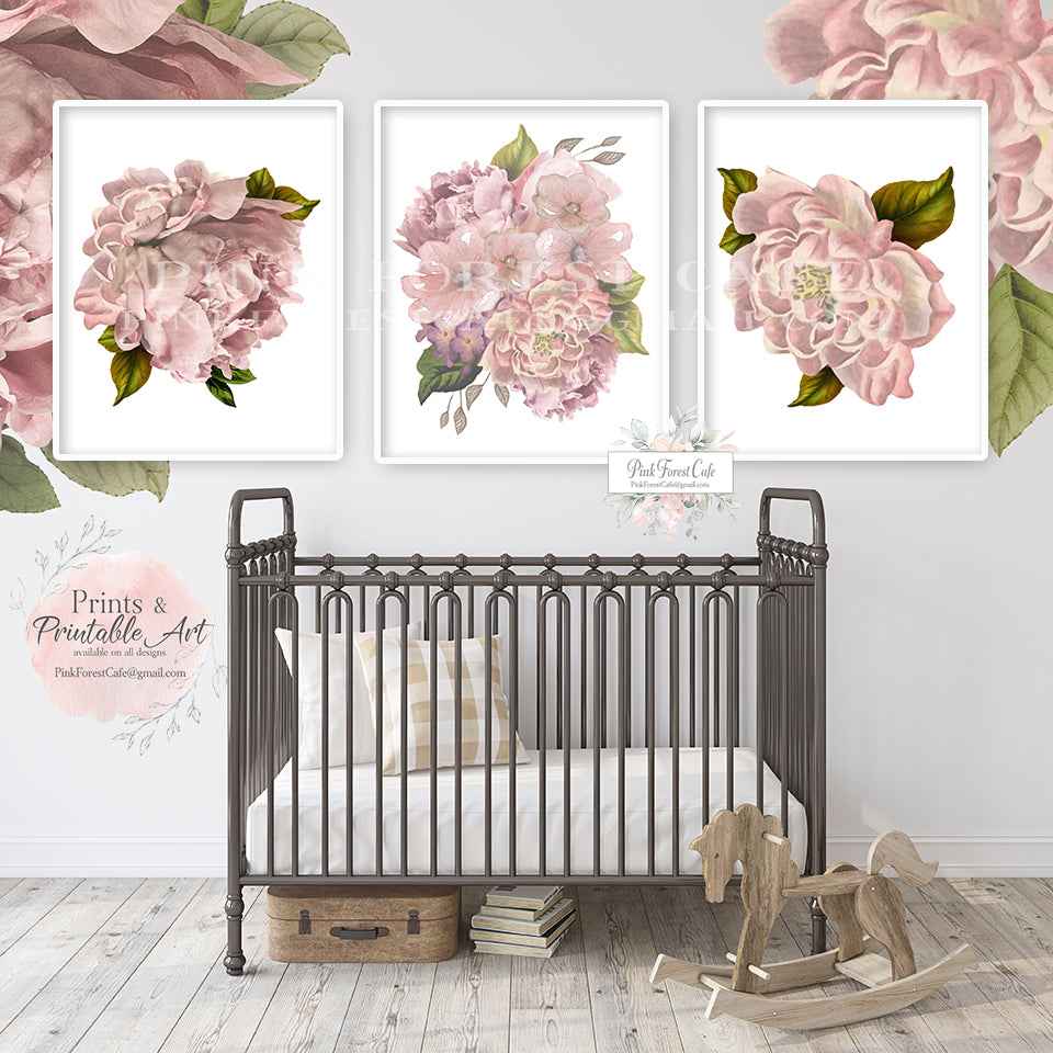 3 Boho Dusty Rose Mauve Bouquet Wall Art Print Nursery Baby Girl Room ...