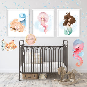 3 Mermaid Baby Girl Nursery Wall Art Print Under The Sea Whimsical Bohemian Printable Decor