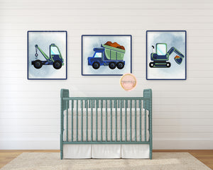3 Construction Truck Wall Art Print Boy Nursery Room Set Prints Printable Navy Green Decor