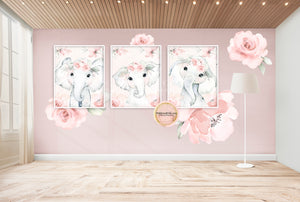 3 Boho Pink Blush Peony Elephant Wall Art Print Baby Girl Nursery Room Floral Bohemian Watercolor Printable Decor
