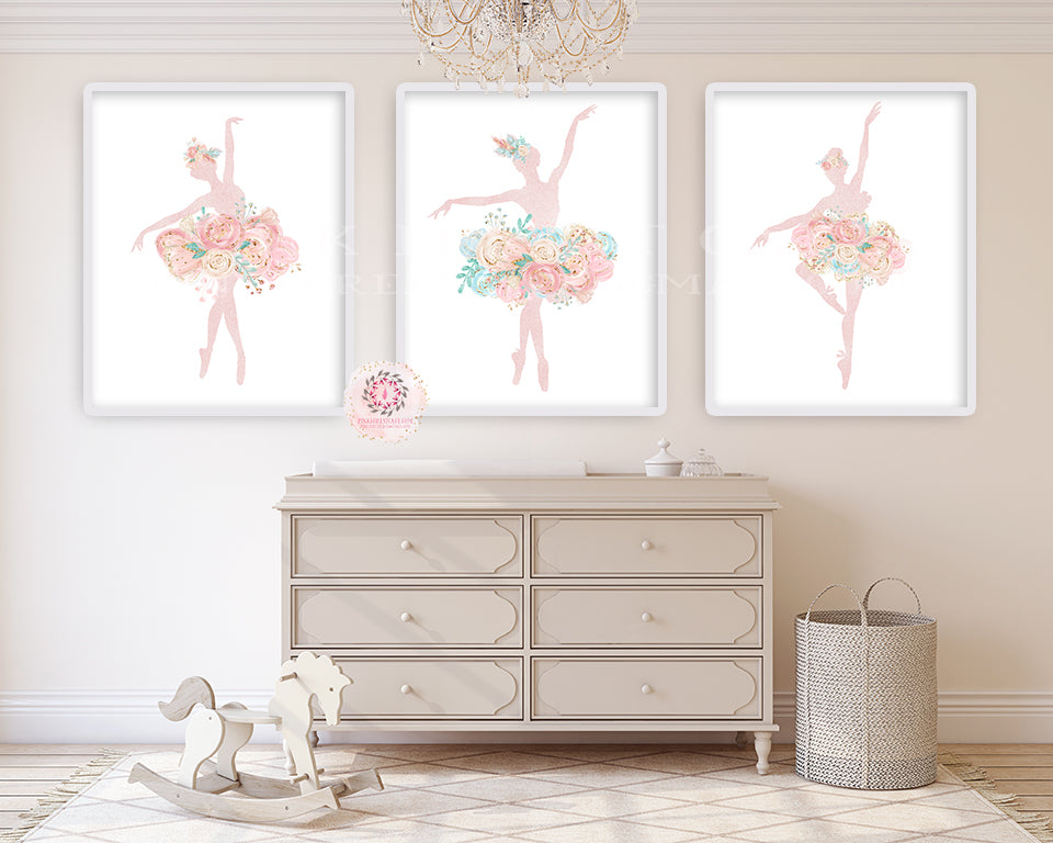 3 Boho Ballerinas Nursery Wall Art Print Ethereal Pink Sparkle Ballet Dancers Baby Girl Whimsical Bohemian Floral Printable Prints Decor