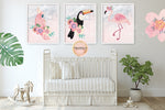 3 Pink Flamingo Toucan Parrot Wall Art Print Tropical Baby Girl Nursery Ethereal Whimsical Floral Printable Decor