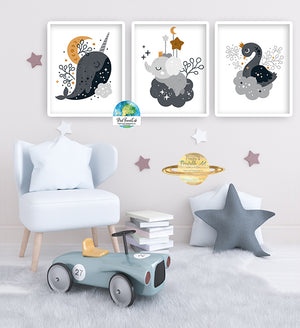 3 Celestial Elephant Swan Narwhal Wall Art Baby Boy Girl Nursery Moon Printable Decor