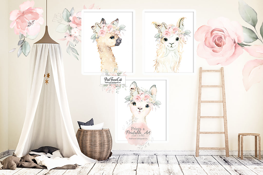 3 Boho Blush Feather Llama Alpaca Wall Art Print Peony Nursery Baby Gi –  Pink Forest Cafe