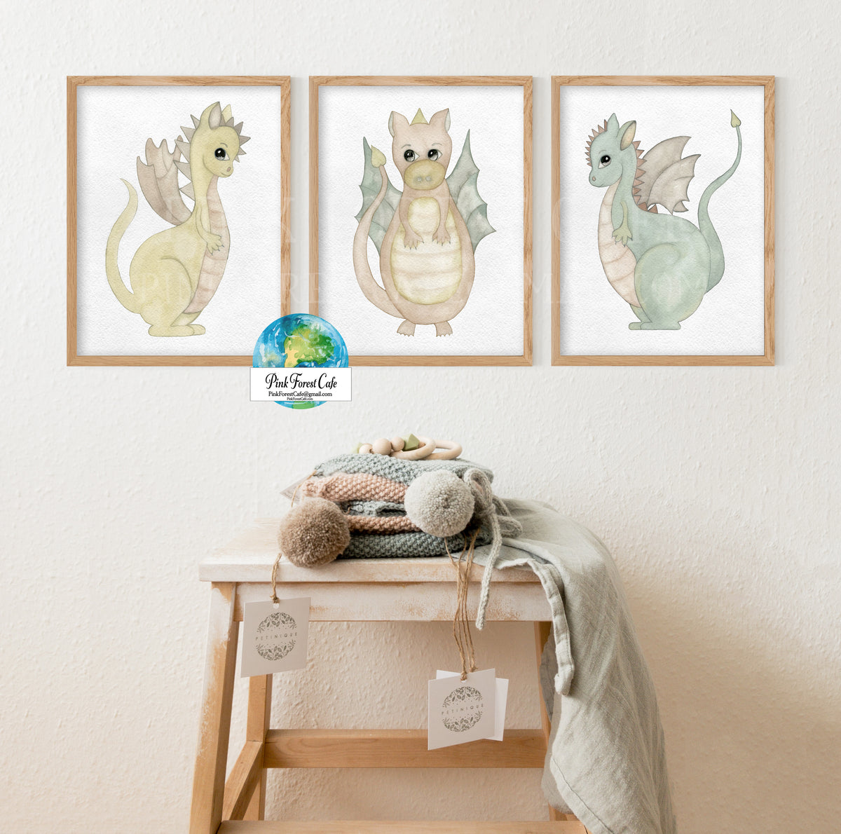 3 Dragon Dinosaur Wall Art Print Baby Boy Nursery Room Watercolor Prin ...