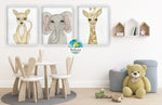 3 Watercolor Giraffe Lion Elephant Wall Art Print Baby Nursery Zoo Jungle Safari Animal Printable Decor