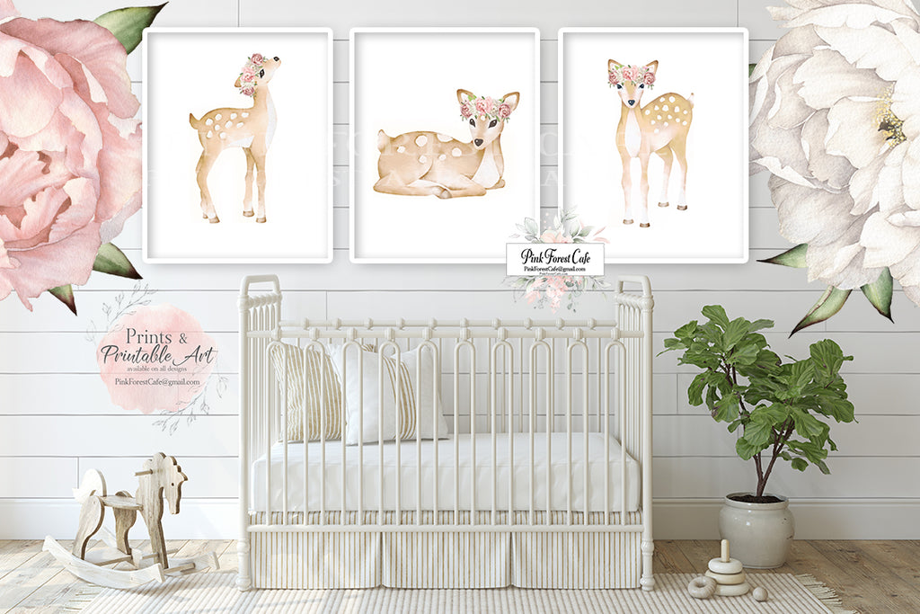 3 Boho Blush Deer Wall Art Print Baby Girl Nursery Watercolor Floral Printable Decor