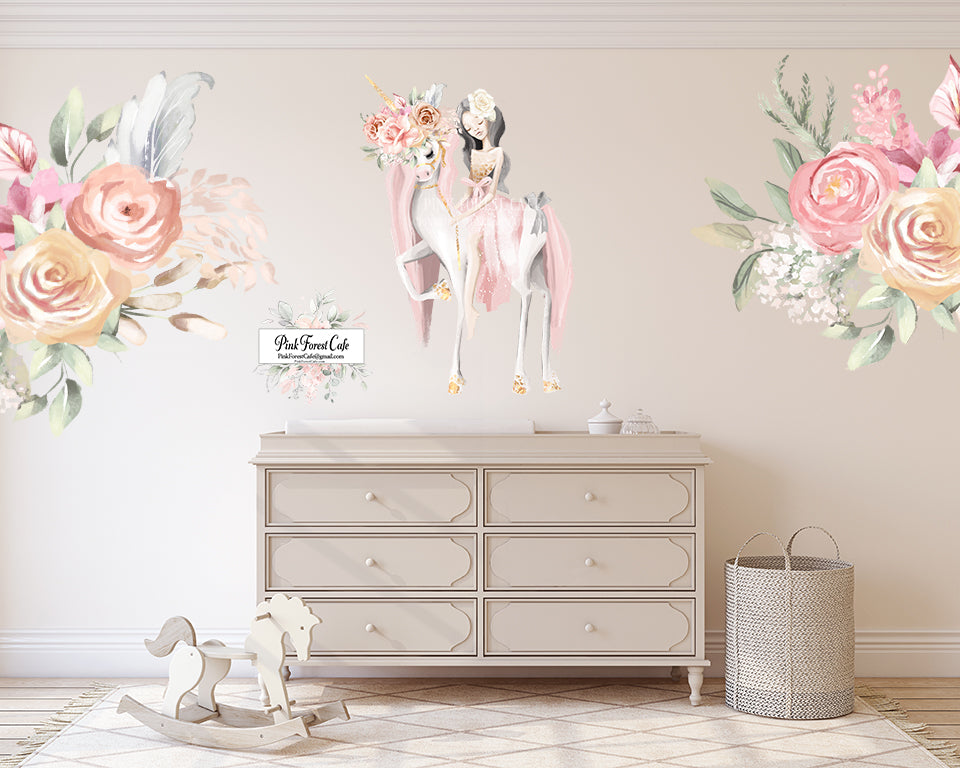 1 Boho Unicorn Princess Watercolor Floral Wall Decal Sticker Baby Girl Nursery Art Decor