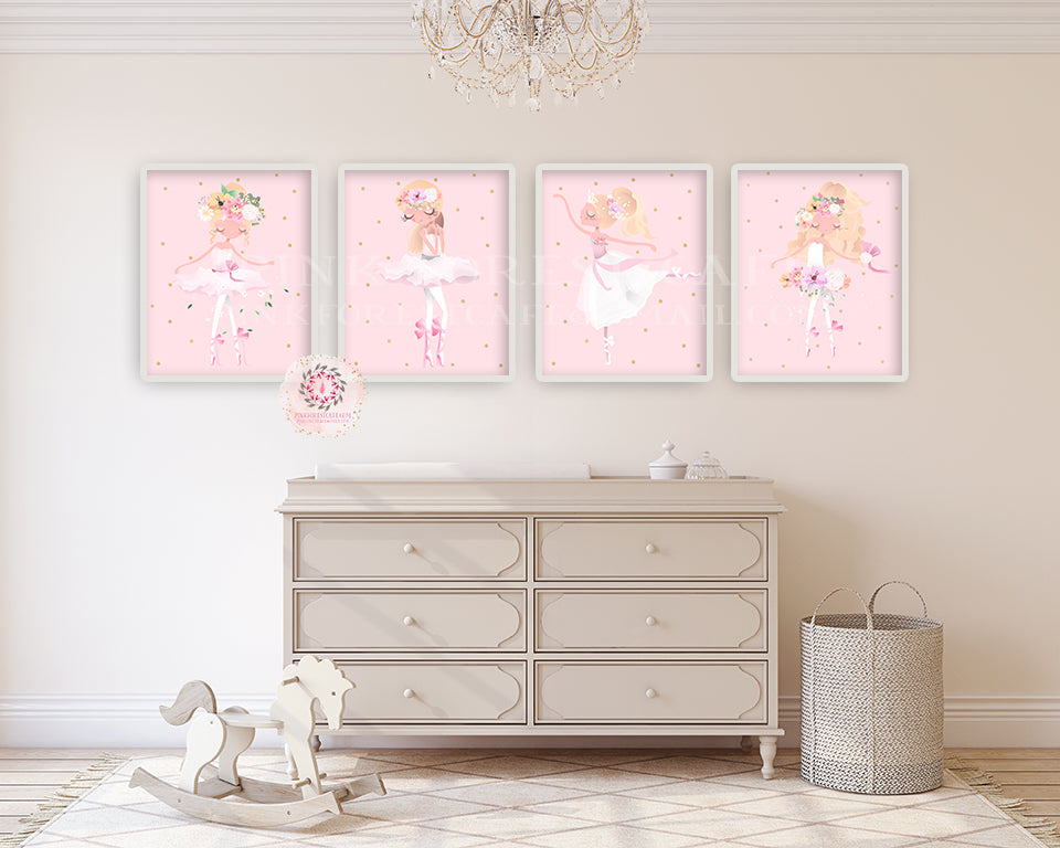4 Ballerina Baby Girl Nursery Wall Art Print Ethereal Ballet Dancer Whimsical Pink Gold Bohemian Floral Printable Decor