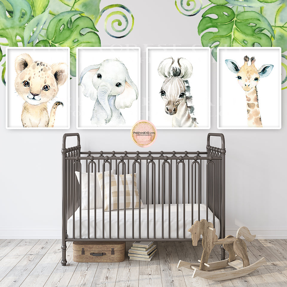 4 Boho Lion Elephant Giraffe Wall Art Print Blush Nursery Zoo Baby Room Safari Watercolor Lot Set Printable Decor