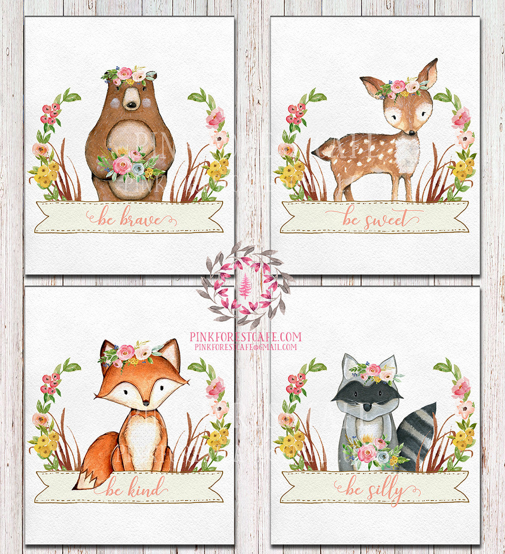 Bear Deer Fox Raccoon Wall Art Prints Woodland Boho Bohemian Nursery Baby Girl Room Prints Floral Set Lot 4 Printable Decor