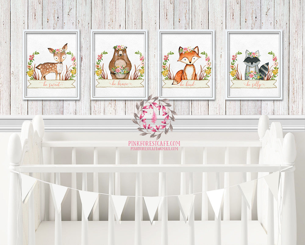 Set Lot of 4 Woodland Boho Bohemian Floral Nursery Baby Girl Room Prints Printable Print Wall Art Decor