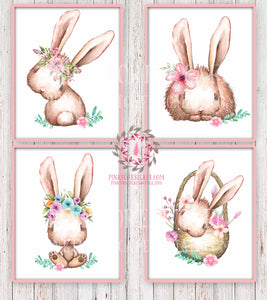 Boho Bohemian Bunny Rabbit Woodland Printable Wall Art Print Garden Floral Basket Nursery Baby Girl Room Decor Set 4