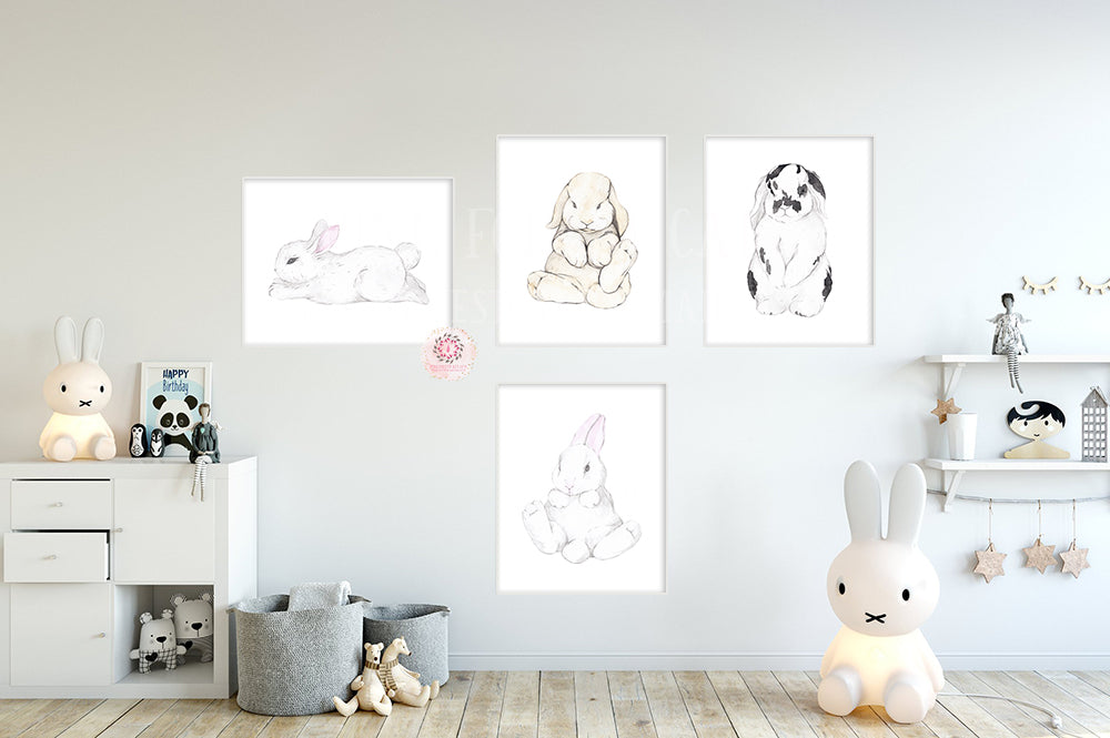4 Boho Bunny Rabbit Wall Art Print Woodland Bunnies Nursery Baby Room Watercolor Printable Decor