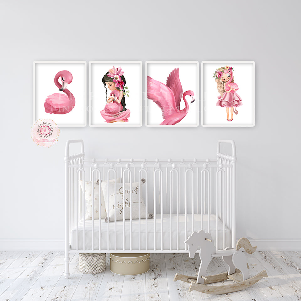 4 Pink Flamingo Wall Art Print Pink Baby Girl Nursery Ethereal Whimsical Princess Bohemian Floral Minimalist Printable Decor