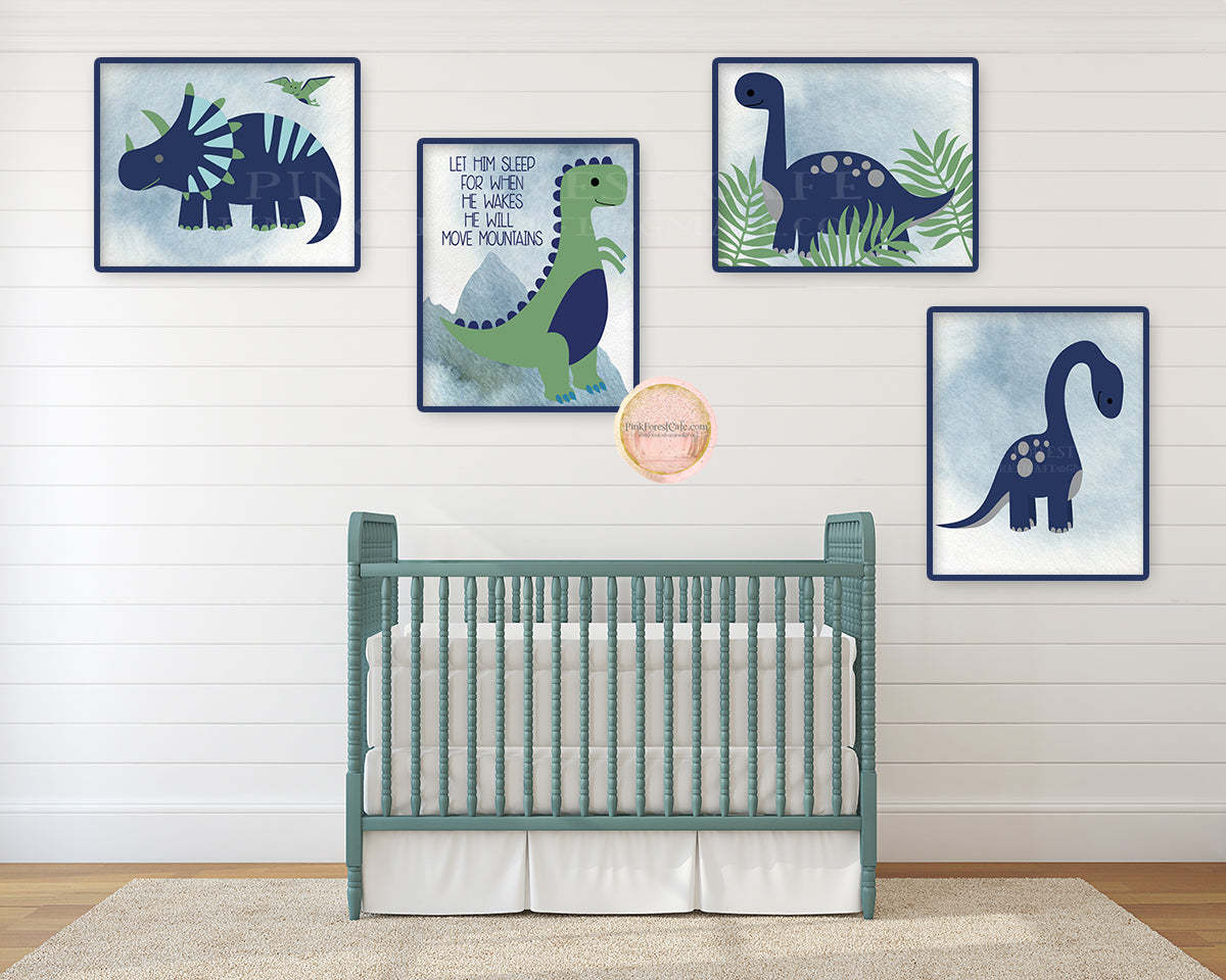 4 Dinosaur Wall Art Print Boy Nursery Room Set Prints Printable Navy Green Decor