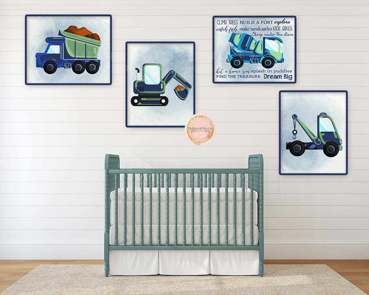 4 Construction Truck Wall Art Print Boy Nursery Room Set Prints Printable Navy Green Decor