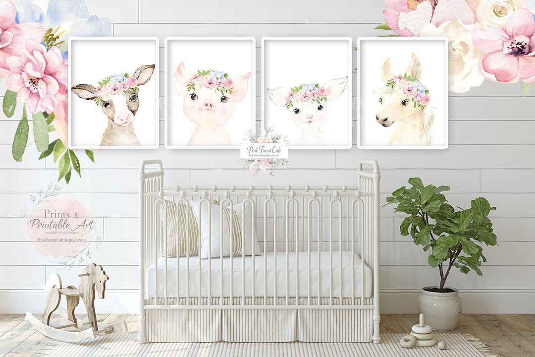 4 Boho Blush Cow Horse Pig Lamb Wall Art Print Nursery Baby Girl Room Pink White Blush Floral Bohemian Watercolor Prints Set Printable Decor