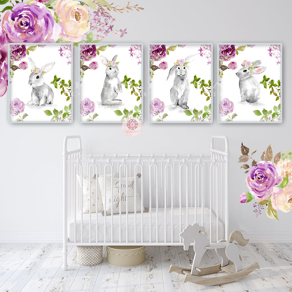 4 Purple Boho Bunny Rabbit Wall Art Print Woodland Nursery Baby Girl R ...