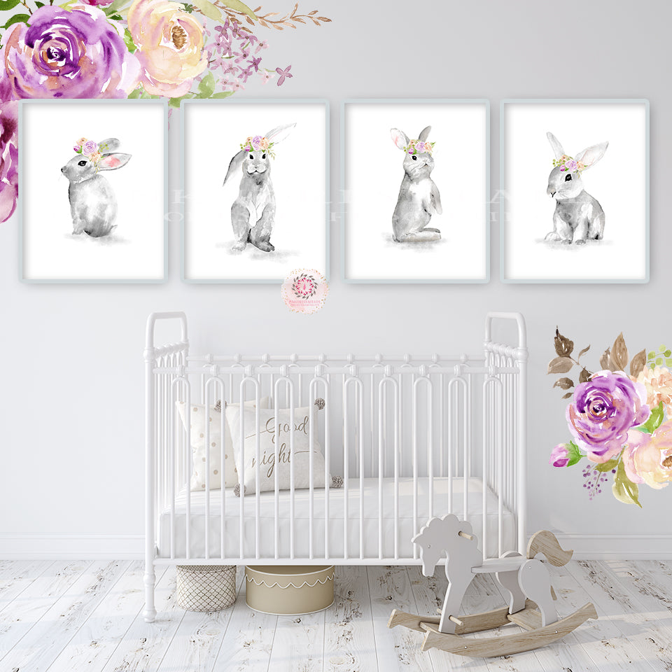 4 Purple Boho Bunny Rabbit Wall Art Print Woodland Nursery Baby Girl R ...