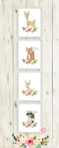 SALE 4 Boho Woodland Deer Fox Bunny Rabbit Raccoon Wall Art Print Watercolor Baby Nursery Floral Printable Decor