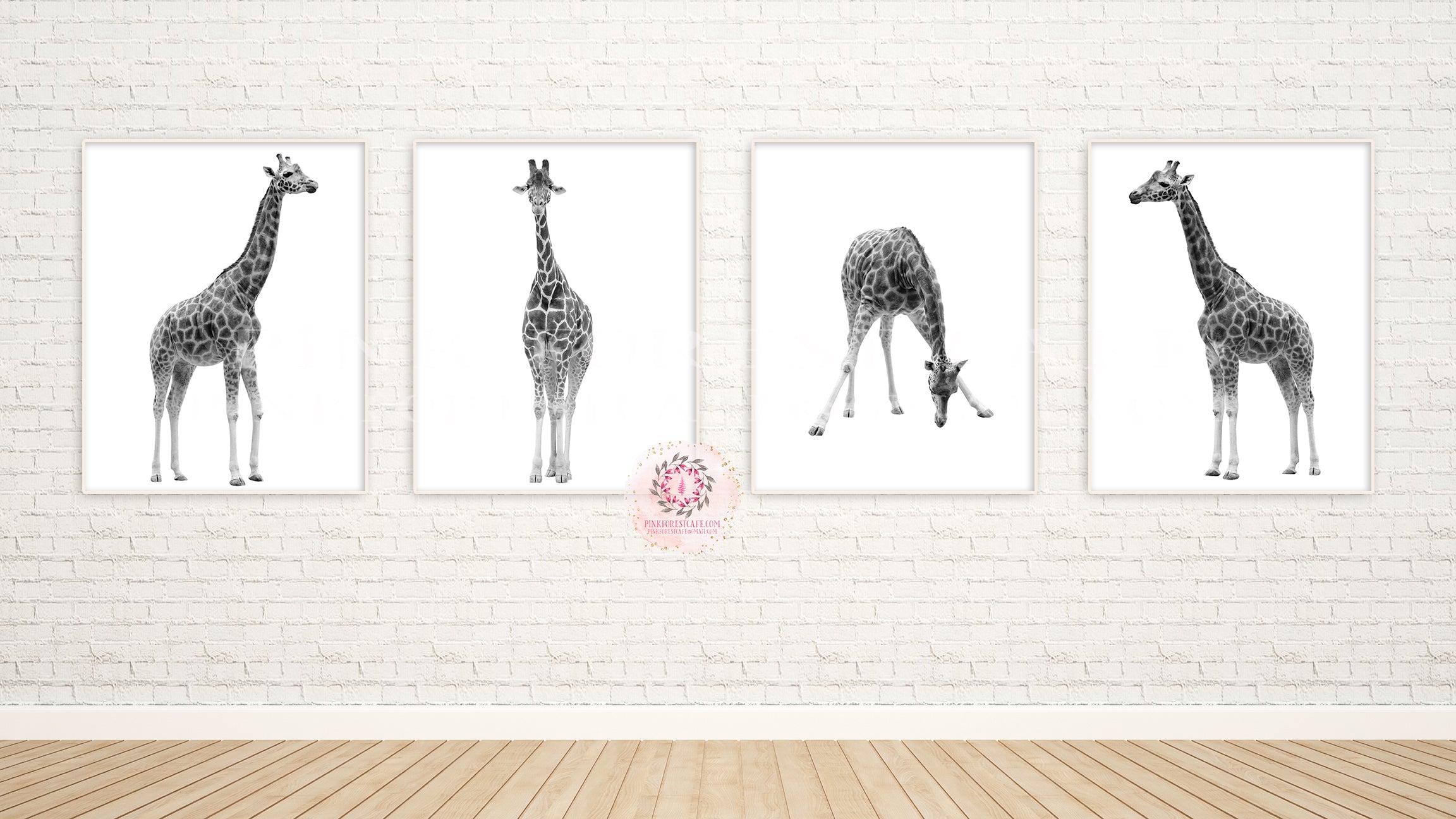 4 Giraffe Safari Zoo Wall Art Print Baby Boy Gender Neutral Girl Nursery Black White Monochrome African Jungle Animal Printable Decor