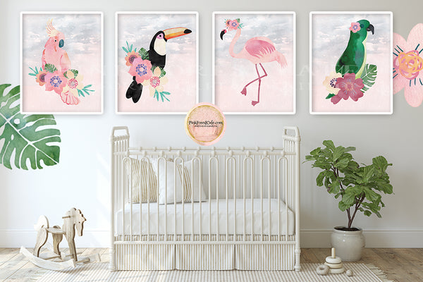 4 Pink Flamingo Toucan Parrot Wall Art Print Tropical Baby Girl Nursery Ethereal Whimsical Floral Printable Decor