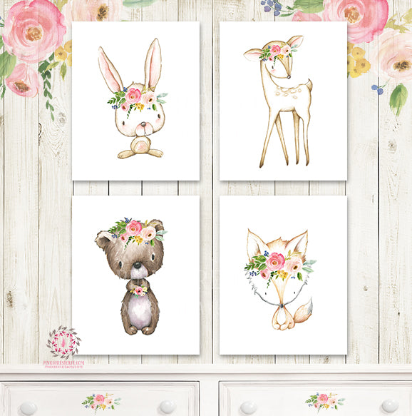 Boho Bear Deer Fox Bunny Woodland Wall Art Print Baby Girl Nursery Watercolor Floral Set 4 Printable Decor