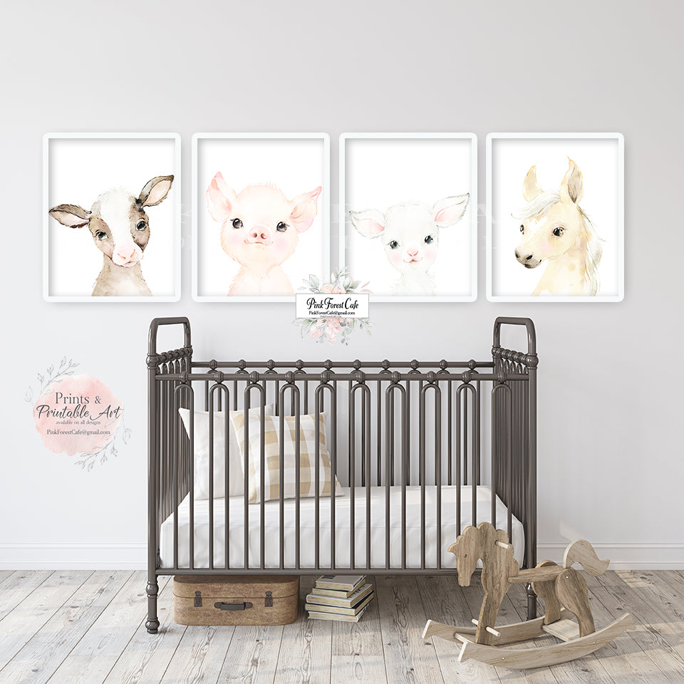 4 Boho Cow Horse Pig Lamb Wall Art Print Baby Nursery Watercolor Prints Set Printable Decor