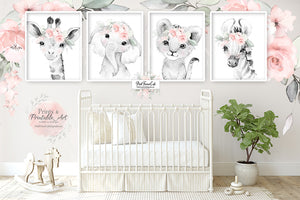 4 Lion Elephant Giraffe Zebra Wall Art Print Boho Blush Peony Baby Girl Nursery Room Floral Bohemian Watercolor Printable Decor