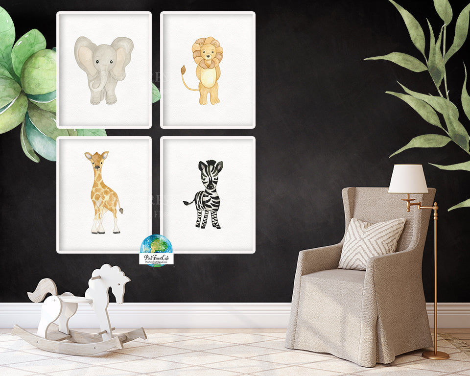 4 Elephant Zebra Giraffe Lion Wall Art Print Baby Nursery Zoo Watercol β Pink Forest Cafe 4-elephant-zebra-giraffe-lion-wall-art-print-baby-nursery-zoo-watercol-pink-forest-cafe