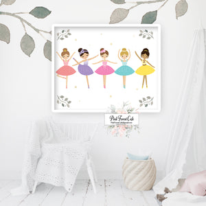 5 Ballerinas Ballet Dance Ballerina Baby Girl Nursery Wall Art Print Printable Décor