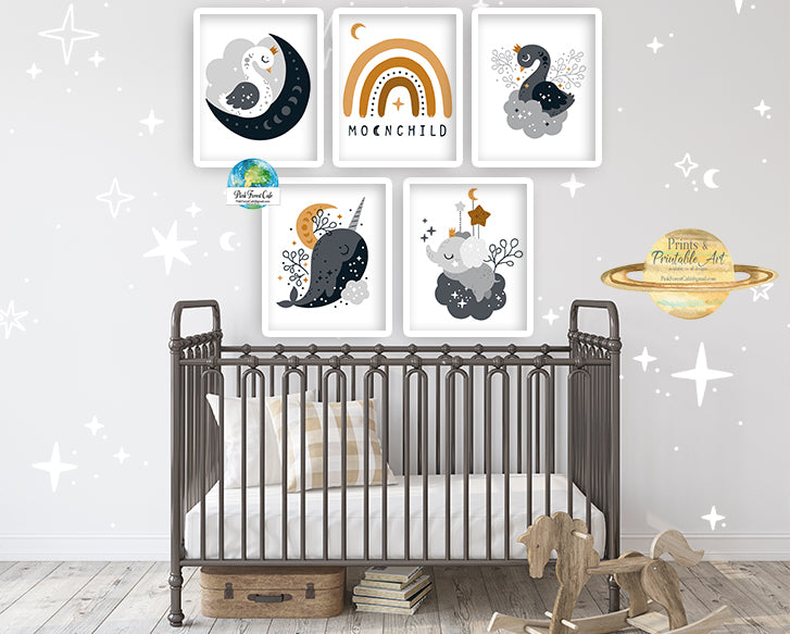 5 Celestial Rainbow Elephant Swan Wall Art Baby Boy Girl Nursery Narwhal Moonchild Moon Printable Decor