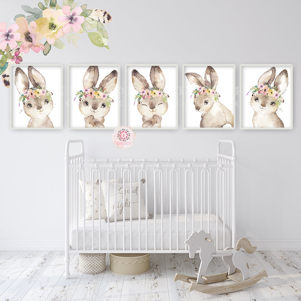 5 Boho Bunny Rabbit Wall Art Print Purple Woodland Feather Nursery Bab ...