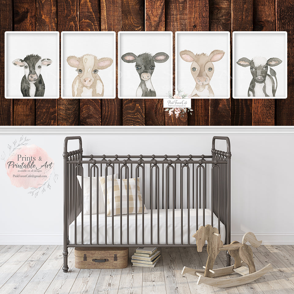 5 Boho Cow Wall Art Print Farm Animal Watercolor Baby Farmhouse Nursery Printable Decor