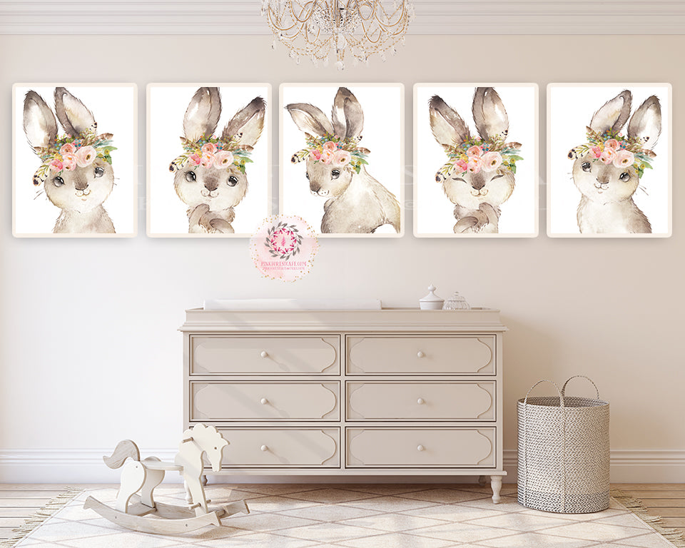 5 Boho Bunny Rabbit Wall Art Print Woodland Feather Nursery Baby Girl ...