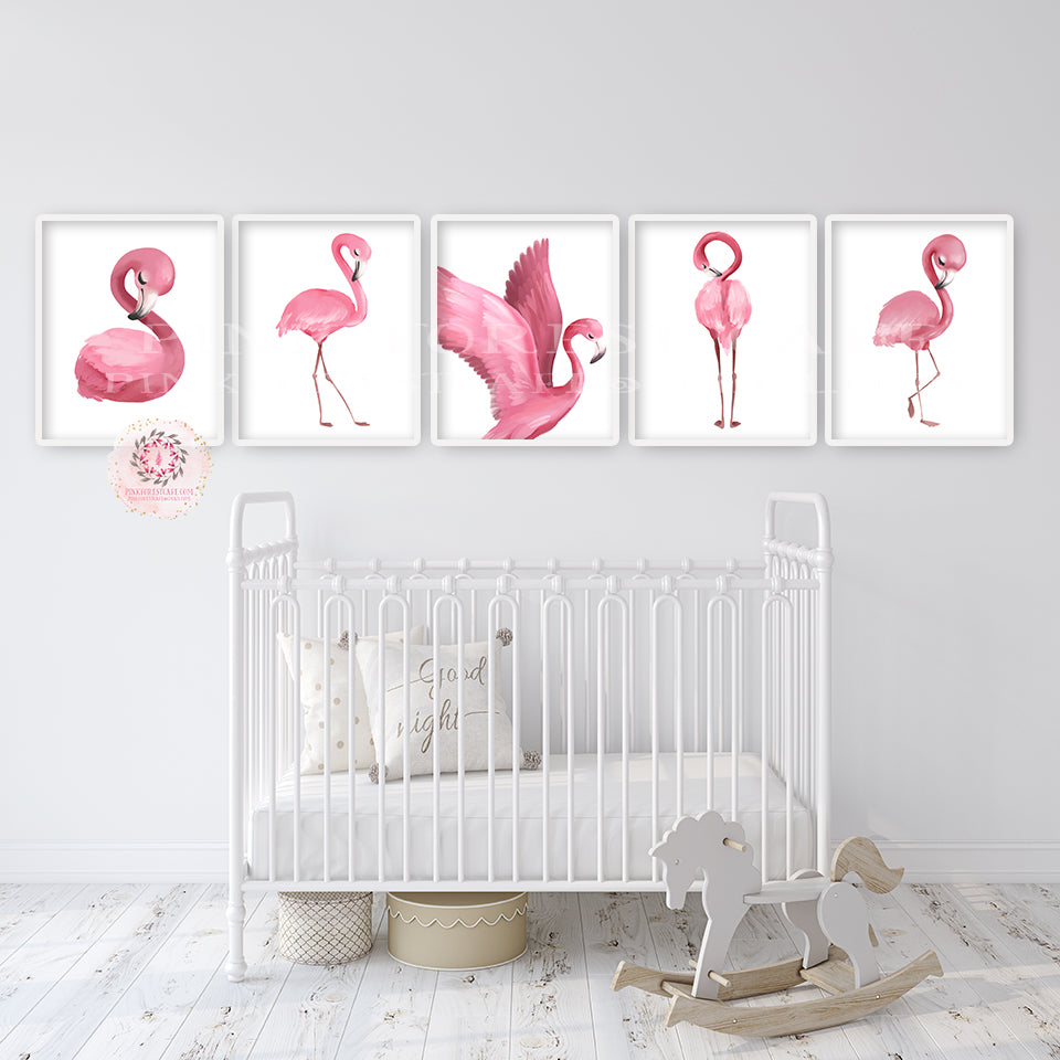5 Pink Flamingo Wall Art Print Pink Baby Girl Nursery Ethereal Whimsical Bohemian Floral Minimalist Printable Decor