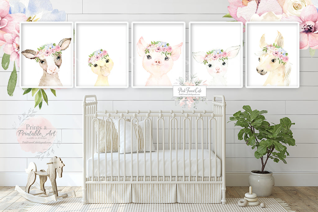 5 Boho Blush Cow Horse Pig Duck Wall Art Print Nursery Baby Girl Room Pink White Blush Floral Bohemian Watercolor Prints Set Printable Decor